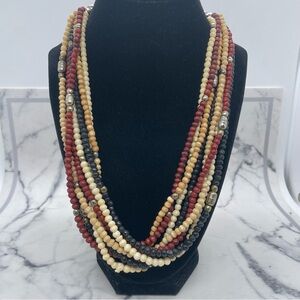 Multicolor Multistrand Wood and Metal Beaded Necklace